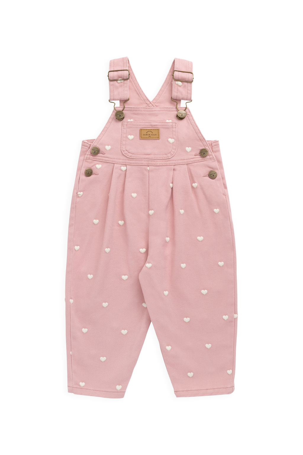 Salopette en coton rose doux à imprimé petits cœurs avec bretelles réglables et poche bavette pour filles de 6 mois à 6 ans
