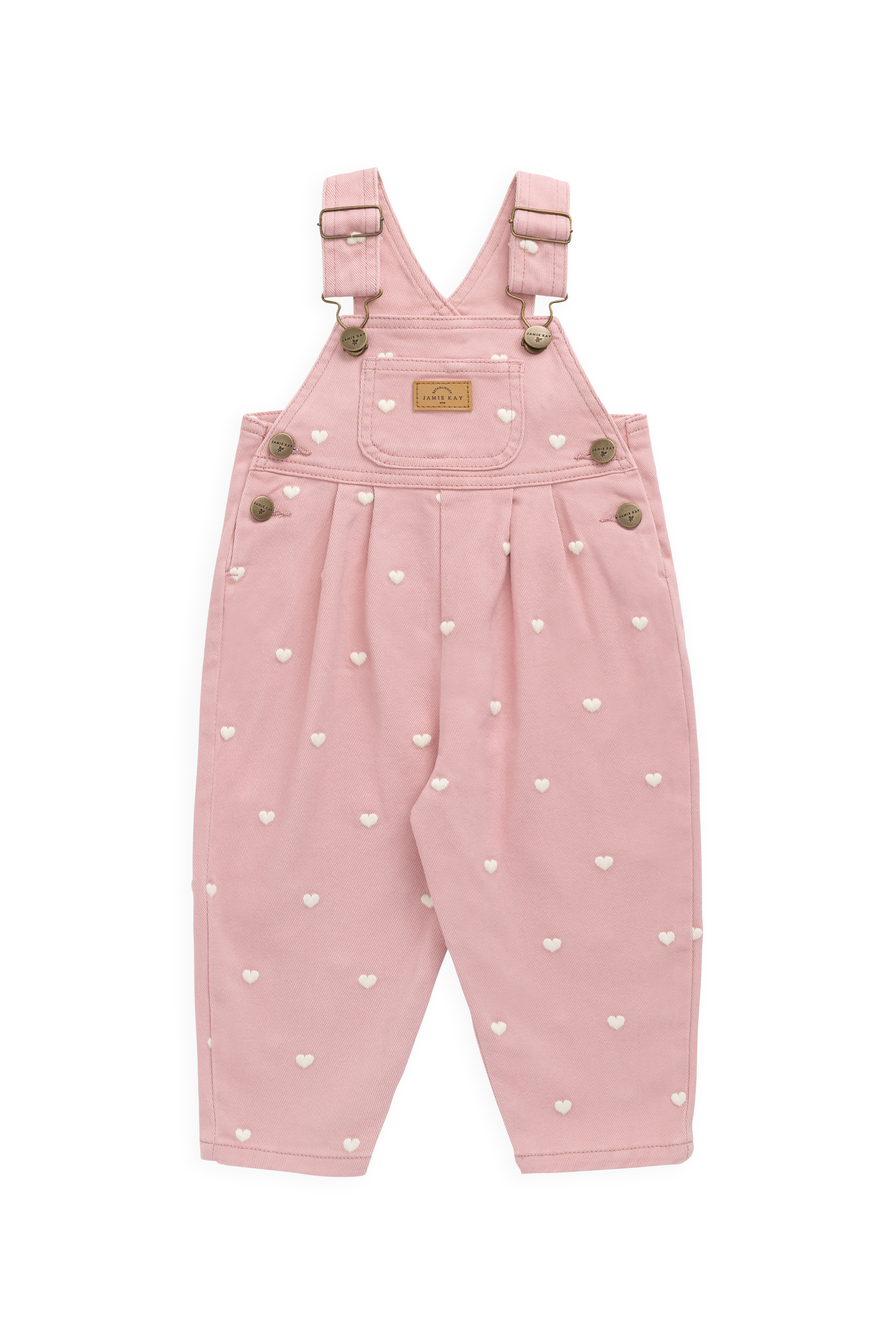 Salopette en coton rose doux à imprimé petits cœurs avec bretelles réglables et poche bavette pour filles de 6 mois à 6 ans