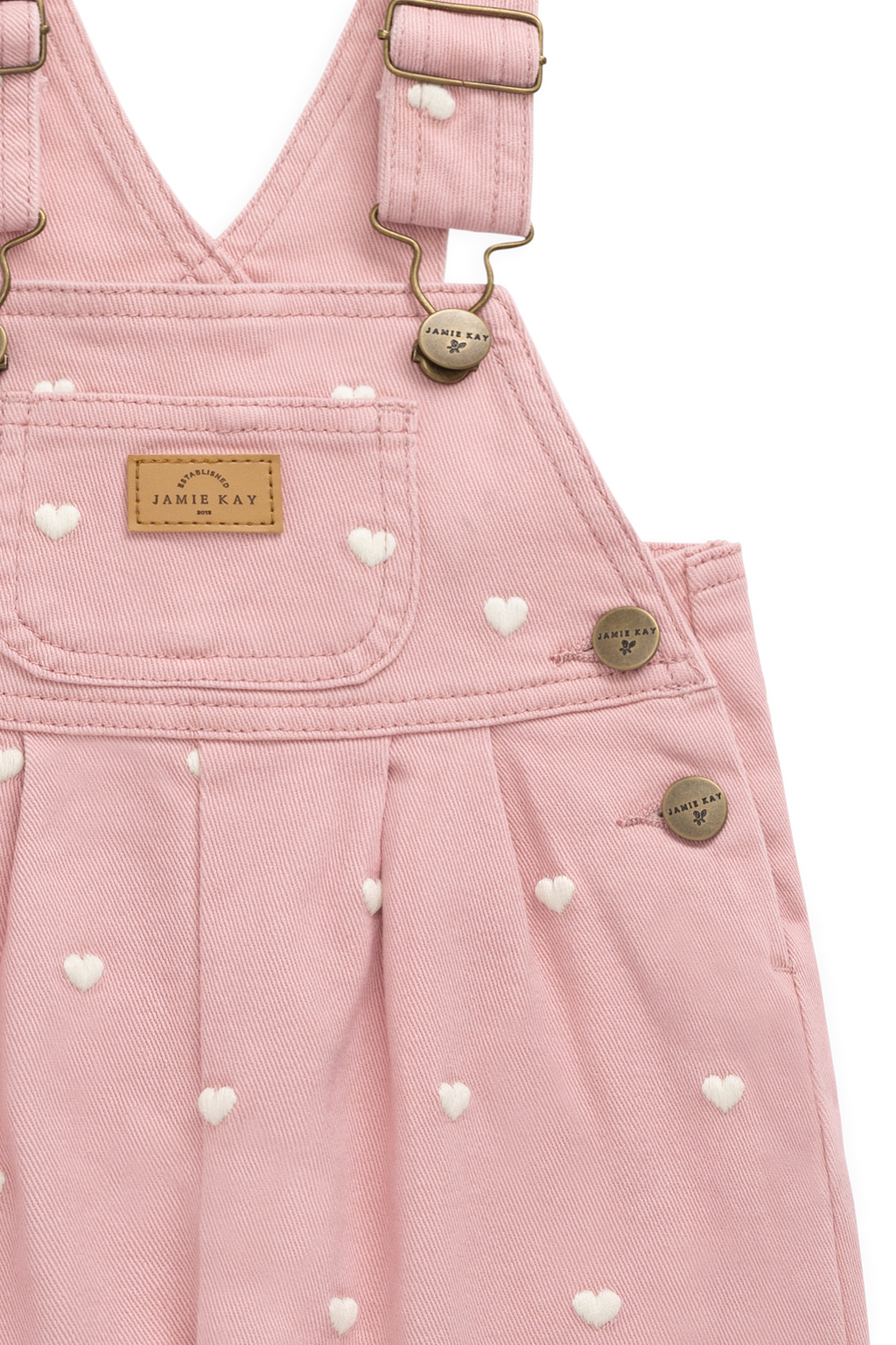 Salopette en coton rose doux à imprimé petits cœurs avec bretelles réglables et poche bavette pour filles de 6 mois à 6 ans