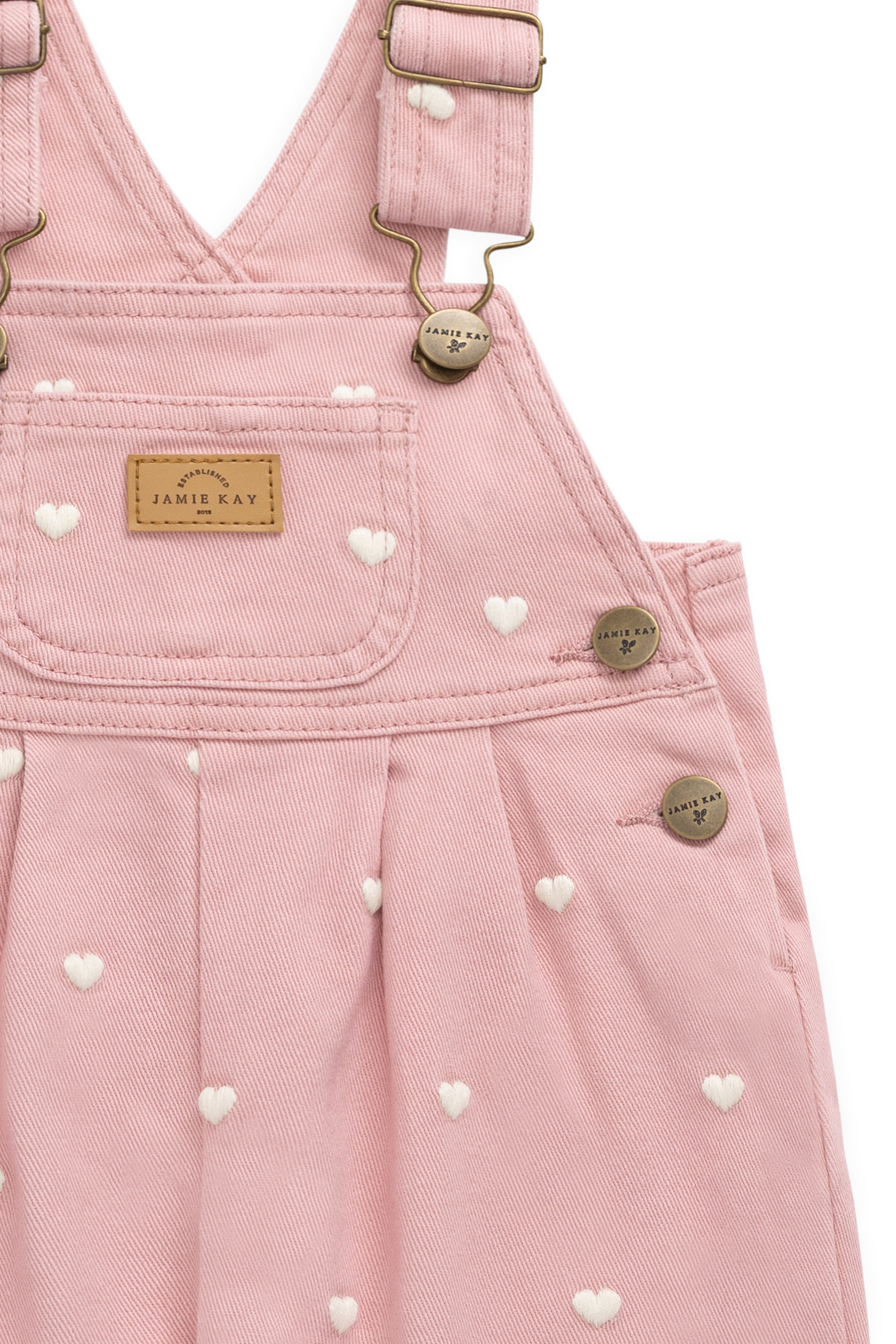Salopette en coton rose doux à imprimé petits cœurs avec bretelles réglables et poche bavette pour filles de 6 mois à 6 ans