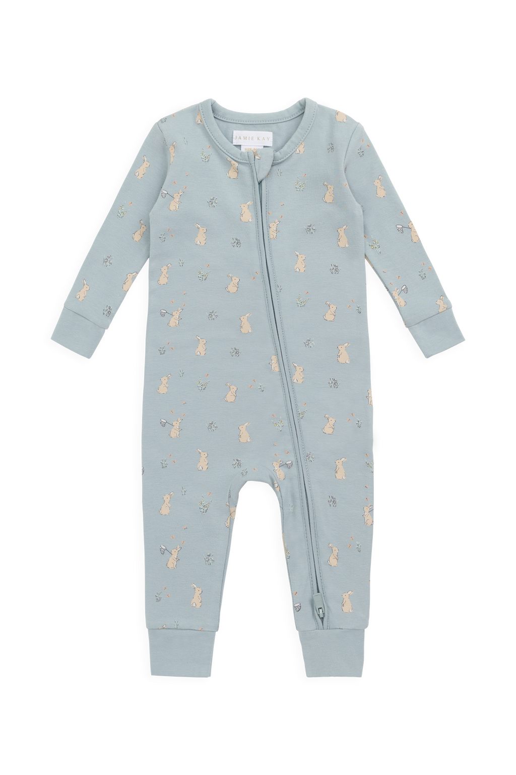 Combinaison en coton biologique imprimé lapin bleu onirique avec fermeture éclair sur le devant et tissu légèrement extensible pour bébés de 0 à 3 ans