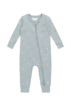 Combinaison en coton biologique imprimé lapin bleu onirique avec fermeture éclair sur le devant et tissu légèrement extensible pour bébés de 0 à 3 ans