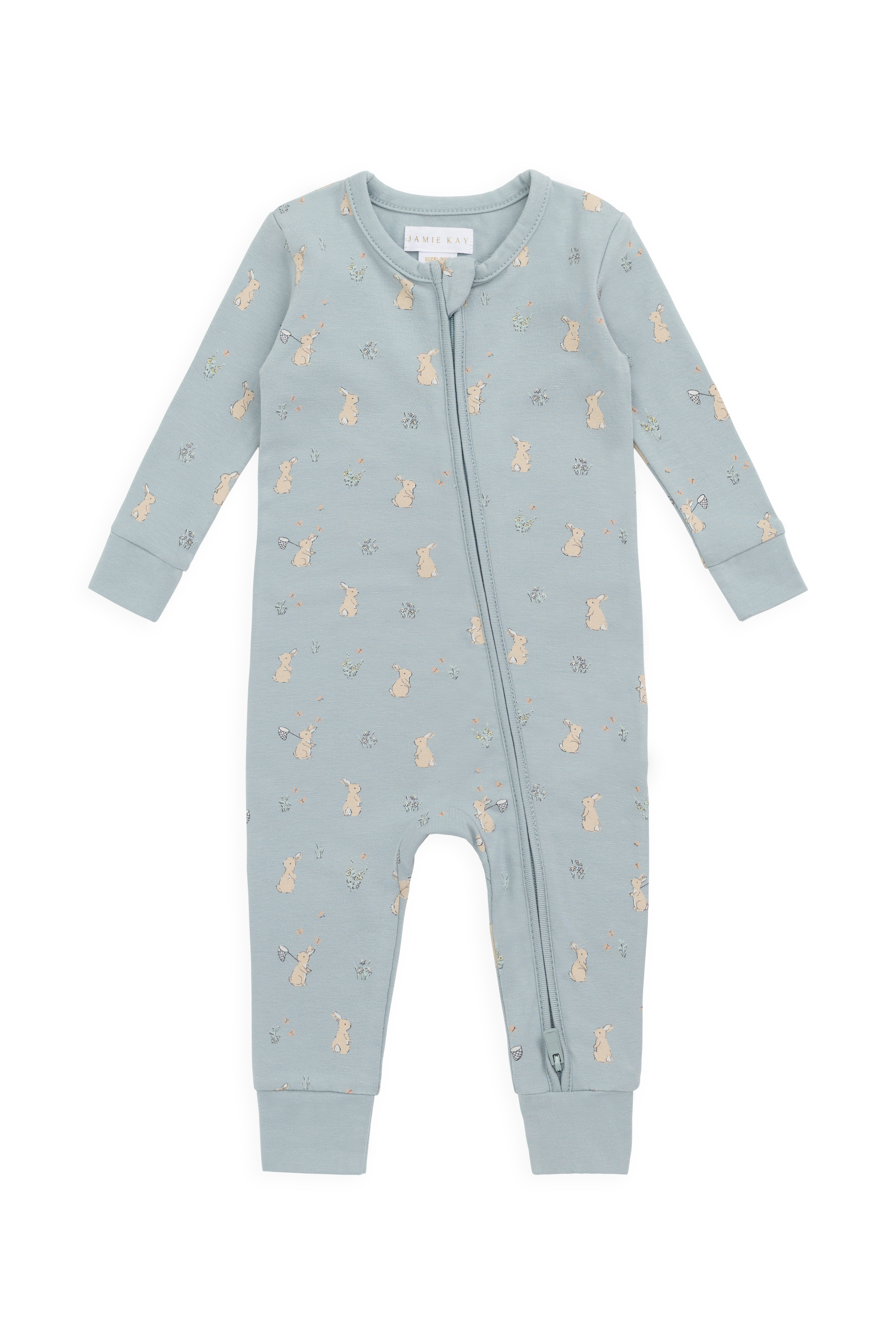 Combinaison en coton biologique imprimé lapin bleu onirique avec fermeture éclair sur le devant et tissu légèrement extensible pour bébés de 0 à 3 ans
