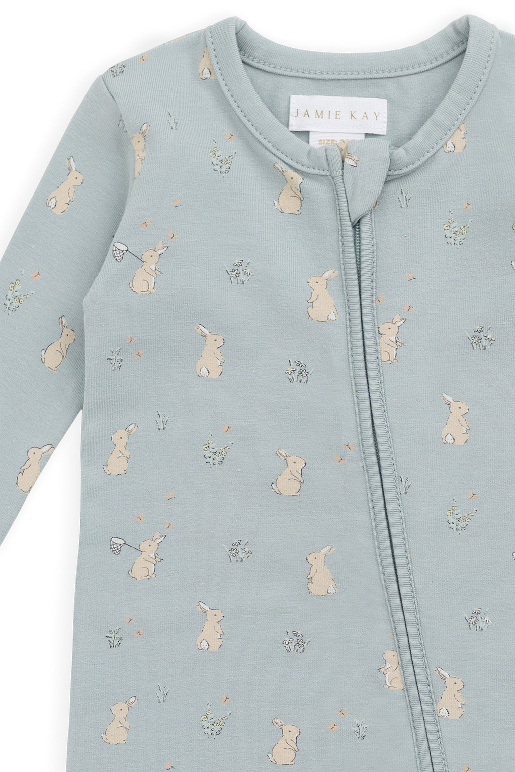 Combinaison en coton biologique imprimé lapin bleu onirique avec fermeture éclair sur le devant et tissu légèrement extensible pour bébés de 0 à 3 ans