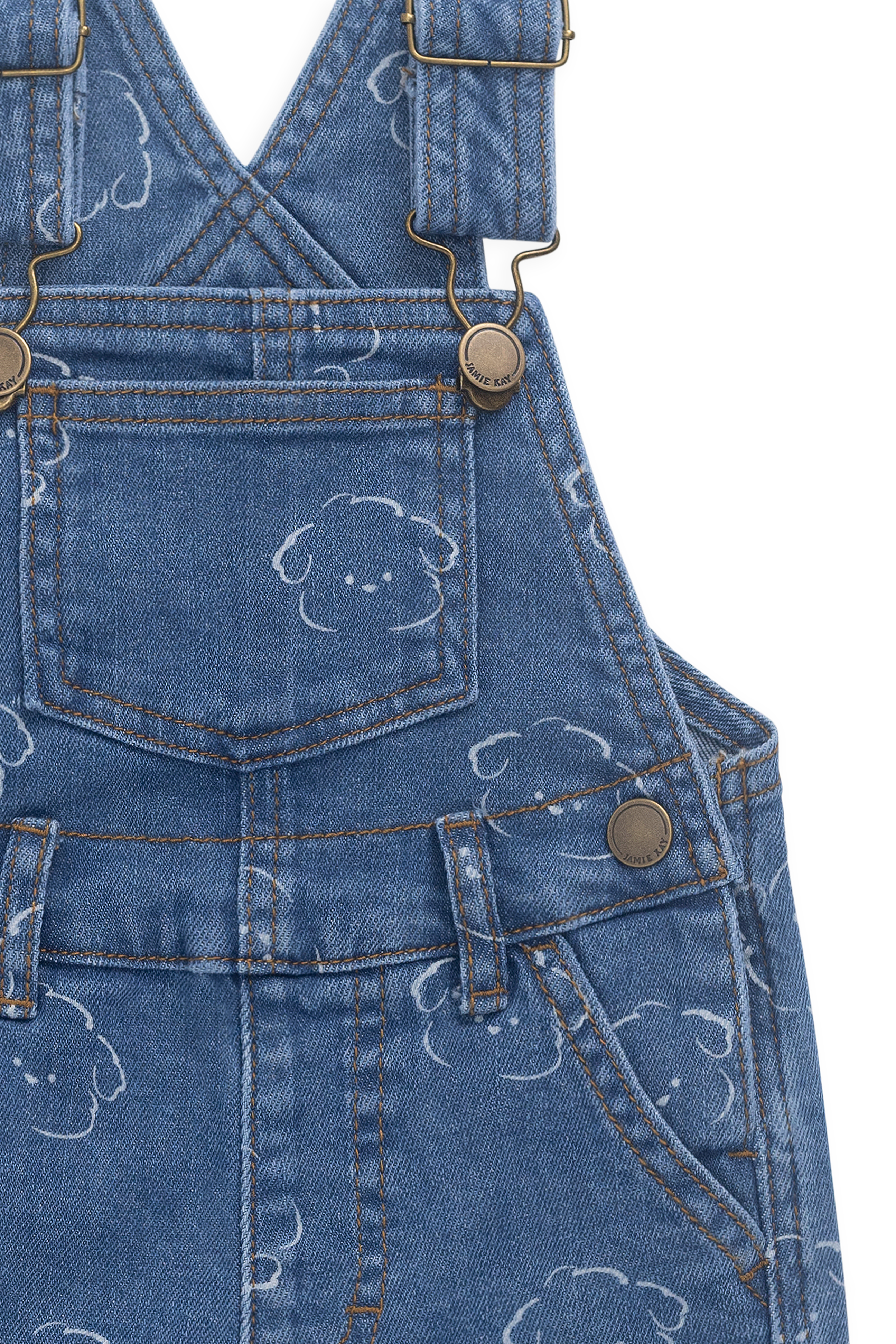 Salopette courte en jean décontractée en coton à imprimé nuage avec bretelles réglables et boutons-pression pour enfants de 6 mois à 8 ans