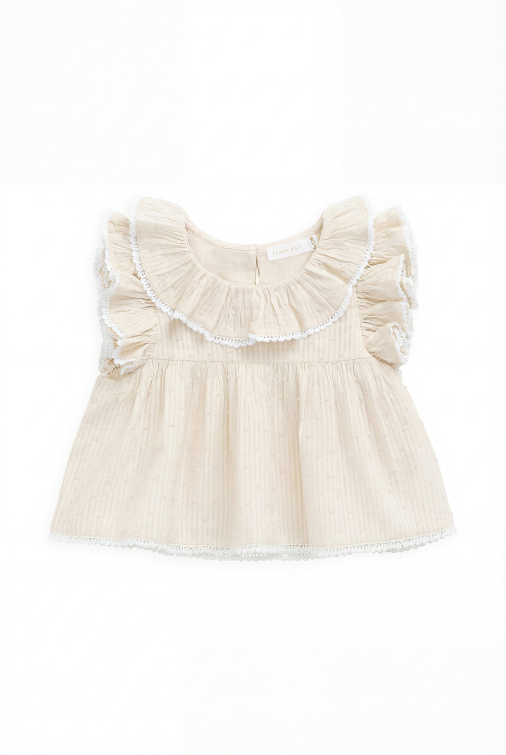 Chemisier délicat en coton biologique couleur parchemin, avec manches volantées et col à volants pour filles de 0 à 10 ans