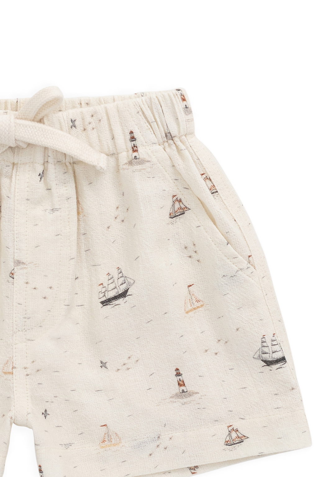 Short pour enfant en coton bio, motif bateau nautique neutre, coupe décontractée avec taille ajustable par lien, 6 mois–8 ans