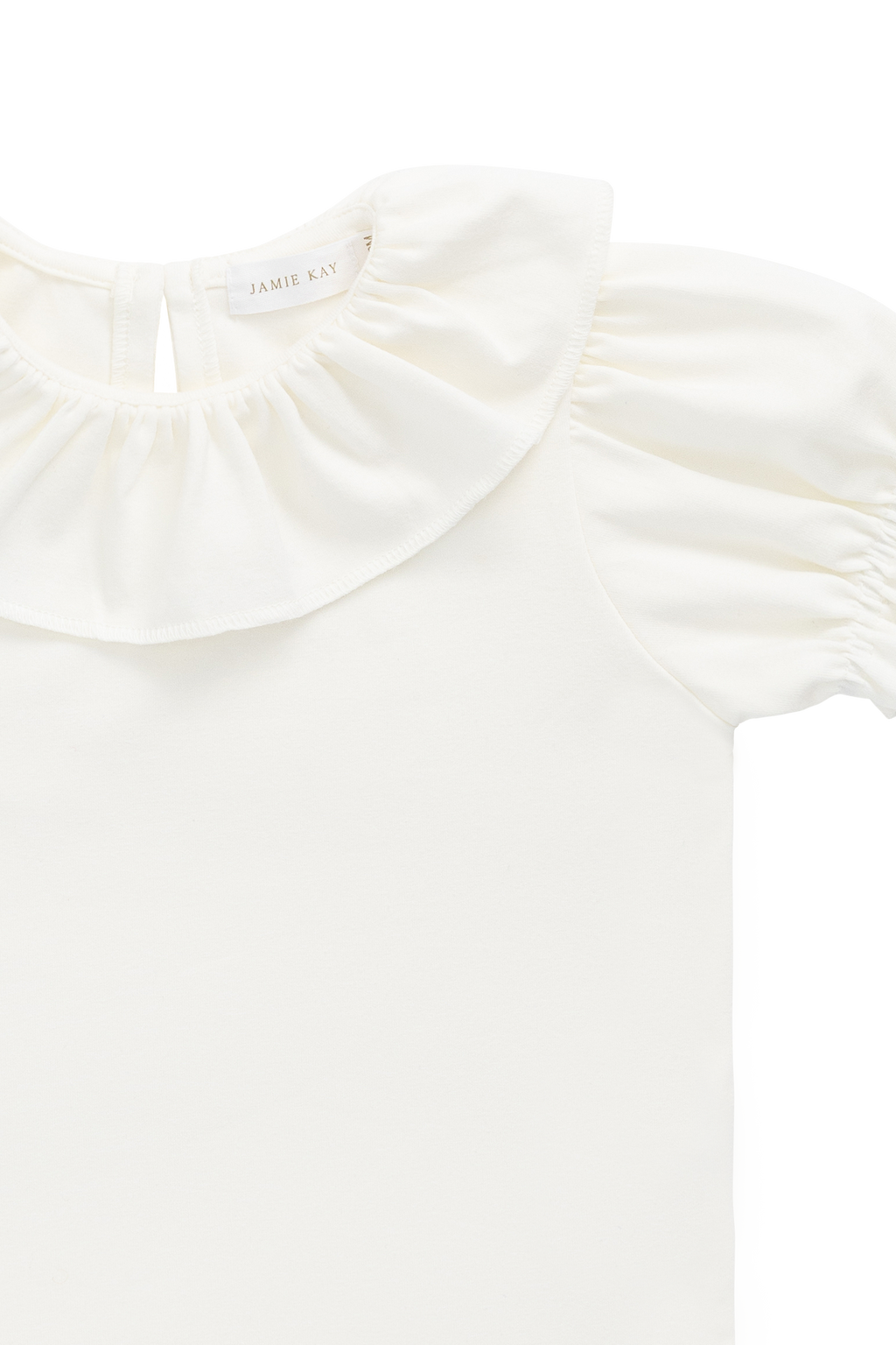 Haut en Pima de coton uni raffiné parchemin avec manches courtes bouffantes et col à volants pour filles de 6 mois à 10 ans