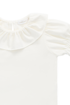Haut en Pima de coton uni raffiné parchemin avec manches courtes bouffantes et col à volants pour filles de 6 mois à 10 ans